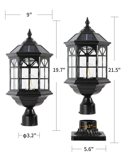 Two sizes of Solar Post Light Fixture for Outdoor Gardens and Patios with Vintage Die Cast Aluminum in Oil Rubbed Black and Clear Glass.