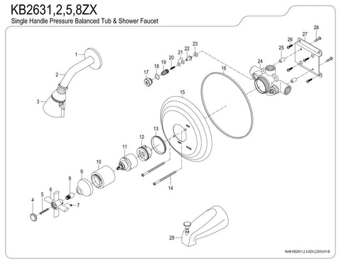 Exploded view of Millennium KB2635ZX Tub And Shower Faucet in oil rubbed bronze, showing all components and assembly sequence.