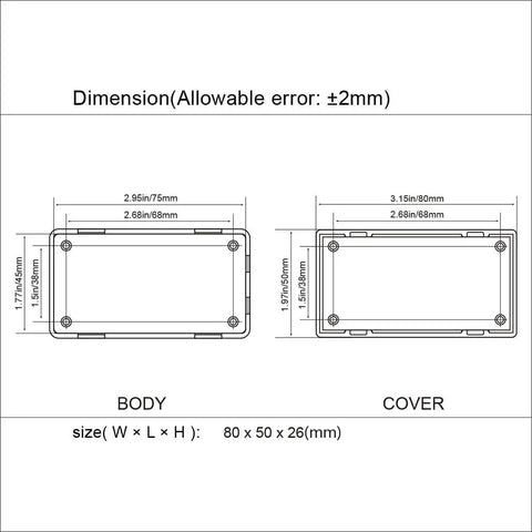 Diagram showing dimensions of 5 Pack Plastic Project Boxes Junction Case For Electronics Black External 3.1 In X 2.0 In X 1.0 In Internal 2.95 In X 1.77 In X 0.79 In Durable DIY Electronics Enclosure For Small Projects.