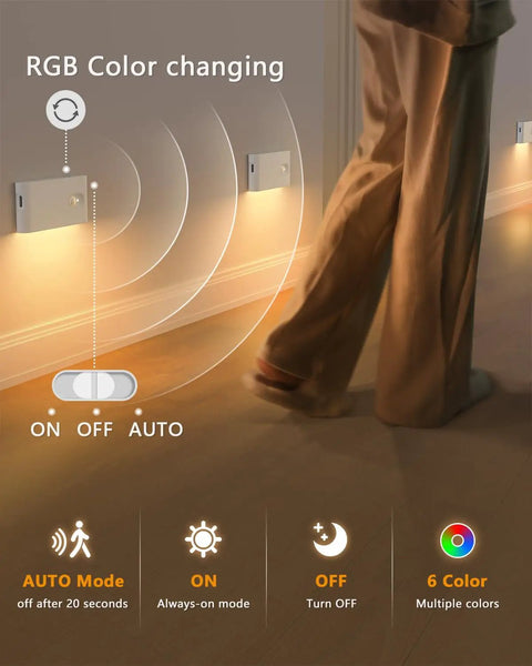 Person walking near rechargeable motion sensor stair lights with RGB and warm white, showing automatic and color-changing features.