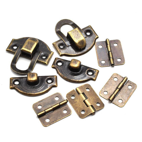 Two Sets Mini Bronze Antique Hasp Latch Buckle And Rectangle Hinges Kit With Matching Screws For Jewelry Box Repair And Decorative Projects