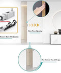 Sliding Door Track Kit With Soft Close Pocket Door Hardware Heavy Duty Smooth Quiet Black Barn Door System For Pantry And Closet 18.7 Feet Aluminum Single Track Includes Rollers Floor Guide And Hanger Plate illustrated with diagrams of door bounce-back mechanism, one-press opening, and no bottom track design.