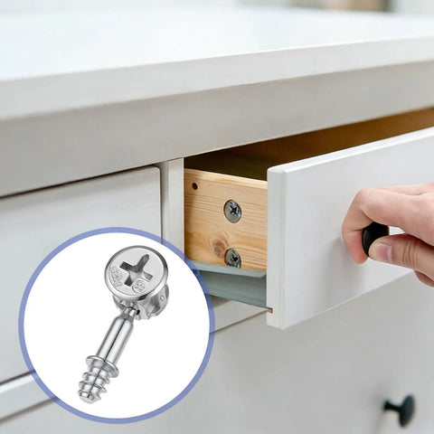 10 Piece Furniture Connecting Rods And 10 Cam Locks Set For Cabinets And Wardrobes, shown securing a drawer with zinc alloy fasteners