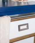 Hidden Cabinet Door Handle Set In Zinc Alloy, Flush Mount Sliding Pulls on a white drawer with blue table backdrop