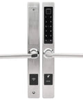 All In One Antitheft Door Lock With Waterproof Build And Fingerprint Password IC Card Mobile App Remote Unlock Key Backup 200 Fingerprints 100 Cards Tuya Compatible Aluminum Alloy Easy Install silver aluminum lock with handles and digital keypad.