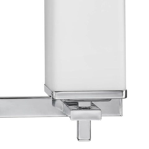 Close-up of the 3-light vanity bar from the All In One Bathroom Set With 3 Light Vanity Bar Towel Bar Towel Ring Robe Hook And Toilet Paper Holder In Polished Chrome Finish Vintage Modern Style For Quick Affordable Bath Updates, featuring polished chrome and white glass shade.