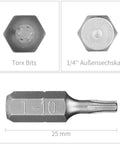 Kick Ass T10 Torx Screwdriver Bit Set 25 Piece Kit With Quarter Inch Hex Shank S2 Steel detailed showing T10 bit and hex shank