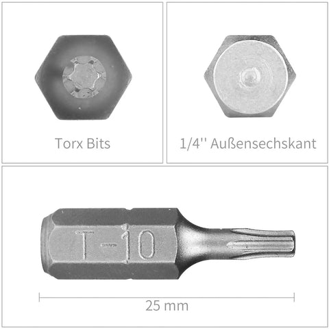 Kick Ass T10 Torx Screwdriver Bit Set 25 Piece Kit With Quarter Inch Hex Shank S2 Steel detailed showing T10 bit and hex shank