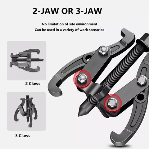 Pro Grade Die Forged Carbon Steel Bearing Puller Kit With Beast Mode Multi Jaw Clamps showing 2-jaw and 3-jaw configurations.
