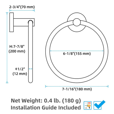 Wall Mounted Brushed Gold Towel Ring Crafted From Solid 304 Stainless Steel Rustproof And Built Tough For Bathroom Decor Or Kitchen Sink Station That Holds Up Under Pressure While Looking Fresh And Making Your Space Pop, dimensions shown.