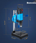 Mini Benchtop Drill Press With 6 Variable Speeds Up To 2800 RPM, 1200W Power, 90 Degree Tilt shown with dimensions in blue.