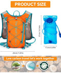 5L Hydration Vest Backpack With 2L Water Bladder in orange showing size dimensions and eco-friendly message