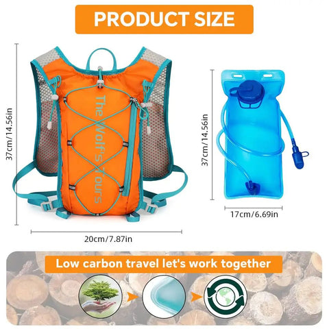 5L Hydration Vest Backpack With 2L Water Bladder in orange showing size dimensions and eco-friendly message