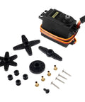 Two Pack MG995 Servo Motors With 180 Degree Metal Gear High Torque Digital Servo For RC Cars Boats Drones Robots And Hobby Projects 12 Kg/Cm At 6V And 13 Kg/Cm At 7.2V Fast 0.13s/60 Degrees At 6V And 0.17s/60 Degrees At 4.8V 300mm Wire, showing black servo motor with metal gears and accessories