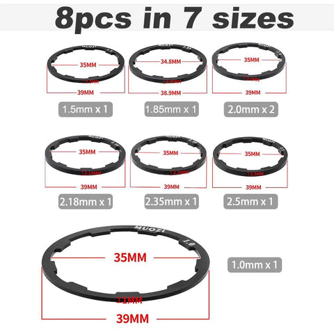 8 Piece Aluminum Alloy Bike Flywheel Hub Washer Spacer Set With Seven Sizes 1.0mm 1.5mm 1.85mm 2.0mm 2.18mm 2.35mm 2.5mm