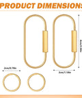 Dimensions of 16 Piece Locking Brass Carabiner Key Ring Set With Screw Lock Clips Gold Finish Keychains For Men And Women In Two Shapes