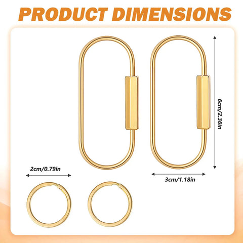 Dimensions of 16 Piece Locking Brass Carabiner Key Ring Set With Screw Lock Clips Gold Finish Keychains For Men And Women In Two Shapes