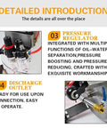 Built Rock Solid 30 Liter Stainless Steel Air Spray Gun with pressure regulator and discharge outlet detailed view.