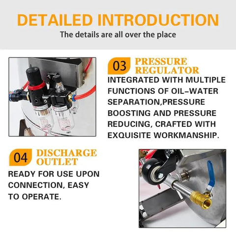Built Rock Solid 30 Liter Stainless Steel Air Spray Gun with pressure regulator and discharge outlet detailed view.