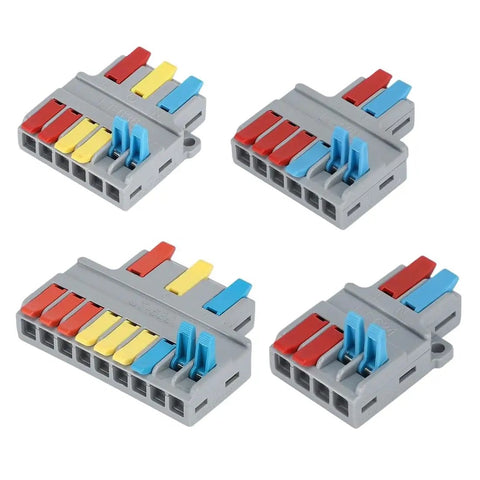 Quick Lever Push In Wire Splitter Connector Two In Four Out Heavy Duty Copper Core Terminal Block in grey with colorful levers.