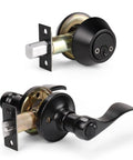 Two Pack Keyed Entry Door Lever Handle With Lock And Key Exterior Door Lock Set Double Keyed Deadbolt Matte Black Finish