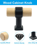 Wood Cabinet Knob with high-quality wood and zinc alloy base, front view. 4 Pack Wood Cabinet T Knobs With Screws For Drawers And Cupboards.
