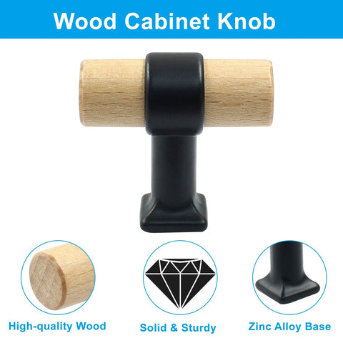 Wood Cabinet Knob with high-quality wood and zinc alloy base, front view. 4 Pack Wood Cabinet T Knobs With Screws For Drawers And Cupboards.