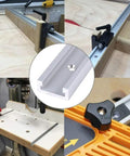 Top Shelf Aluminum Miter T Slot Tracks With Pre Drilled Mounting Holes 4 Pack 48 Inch Bars on workshop table with various tools.