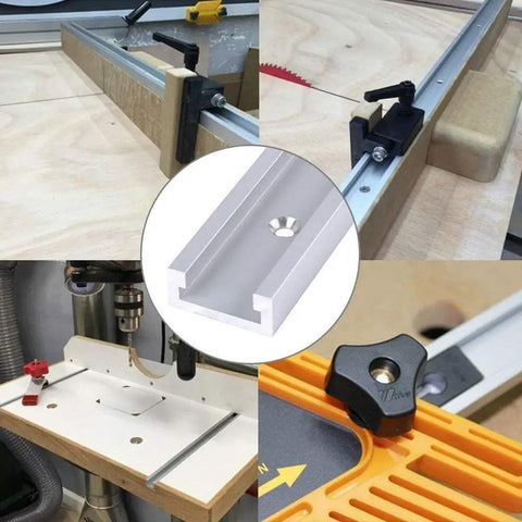 Top Shelf Aluminum Miter T Slot Tracks With Pre Drilled Mounting Holes 4 Pack 48 Inch Bars on workshop table with various tools.