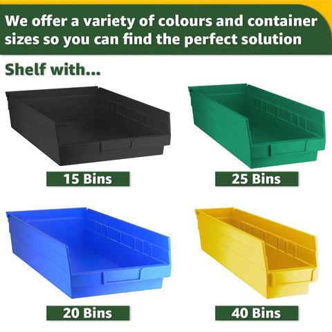 Workhorse Heavy Duty Chrome Shelving Rack Features Twenty Five Clear Slanted Storage Bins 18 By 36 By 74 Inch Metal Wire Utility Frame For Garage Tool Stashing And Warehouse Bin Organization Holding Six Hundred Pounds in a variety of bin sizes and colors.