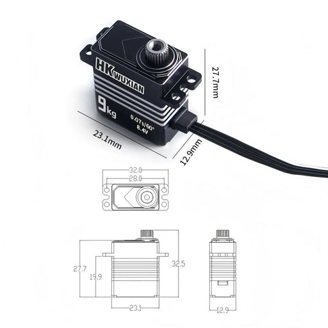 Tough As Nails 9KG Micro Digital Servo Motor With All Metal Gears And Hollow Coreless Mechanics For RC Cars Planes And Helicopters Delivering High Precision And Sick Torque Black with dimensions.