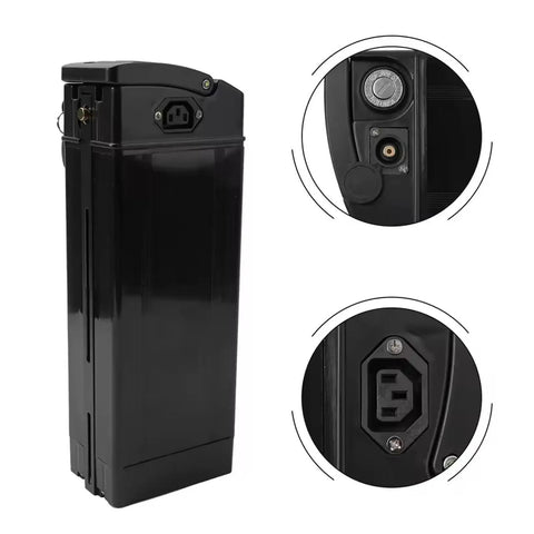 Heavy Duty 48v Electric Bike Battery Box With Large Capacity Housing Case For Ebike And Folding Scooter, black enclosure with connectors.