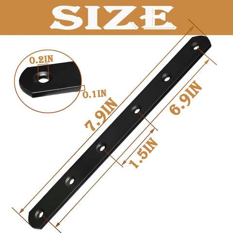 Absolute Beast 8 Inch Black Mending Plates, Heavy Duty Cast Iron Hardware For Wood Fence And Cabinet Build, Rust Resistant Metal Braces, Sick 12 Piece Set Built To Kick Some Serious Weight showing size dimensions and hole placements.