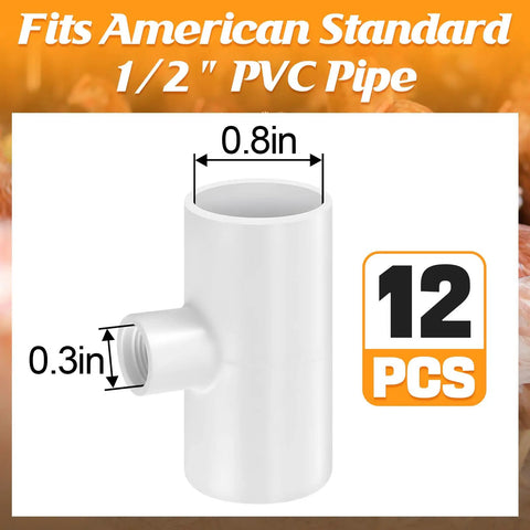 Twelve Piece Automatic Chicken Waterer Pvc Pipe Tee Fitting Kit For Large Coop Heavy Duty Leakproof Threading showing 1/2 inch PVC pipe fitting.