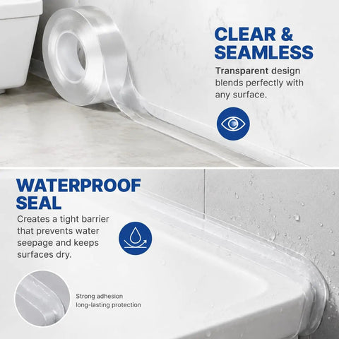 Crystal Clear Self Adhesive Waterproof Tape For Heavy Duty Sealing Bathtub Shower And Kitchen Sink With Invisible Finish That Never Yellow and stays put along wet surfaces.