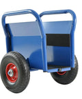 Heavy Duty Drywall Dolly With Rugged Steel Build And 10 Inch Solid Rubber Wheels To Haul Plywood Doors And Panels Jobsite Ready Beast Frame Handles 1000 Pounds No Sweat, blue cart with two solid rubber wheels.