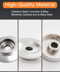 Stainless Steel Brush Cutter Blade Adapter Kit For Eleven Spline Straight Shaft 225 And 230 Series Beefed Up Build With 20mm And 25mm Center Holes Blade And Nut Not Included, showing smooth stainless steel finish and spline details across three sections.