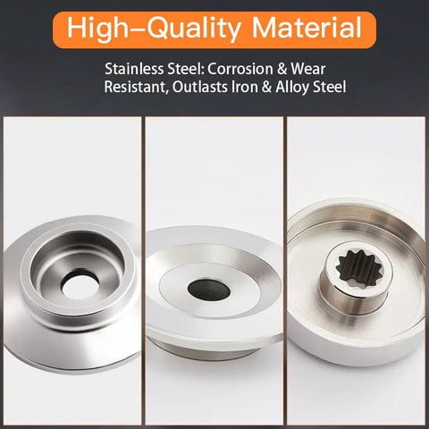 Stainless Steel Brush Cutter Blade Adapter Kit For Eleven Spline Straight Shaft 225 And 230 Series Beefed Up Build With 20mm And 25mm Center Holes Blade And Nut Not Included, showing smooth stainless steel finish and spline details across three sections.