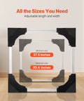 Adjustable Mini Fridge Stand 27.5-35.4 Inches Tall with adjustable frame showcasing minimum and maximum sizes.