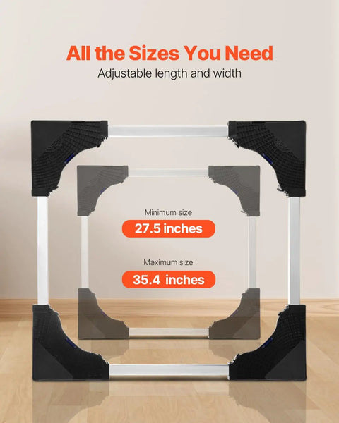 Adjustable Mini Fridge Stand 27.5-35.4 Inches Tall with adjustable frame showcasing minimum and maximum sizes.