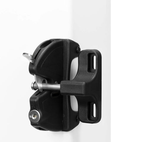 No Sweat Key Lockable Double Swinging Gate Latch Top Shelf Heavy Duty Fence Hardware For Outdoor Yards Metal Wood Vinyl With Smooth Operation And Rustproof Black Build, close-up view.
