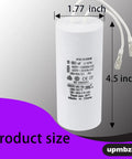 Universal Replacement Capacitor for Global Hydraulics Auto Lift Power Units, size specifications included.
