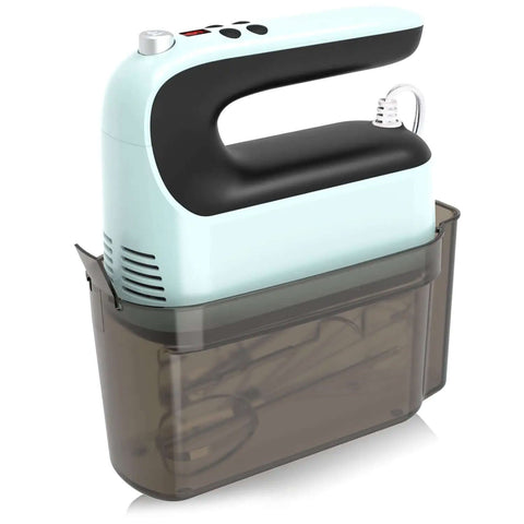 9 Speed Digital Hand Mixer With 400W Kickin Power And Featherlight Build, compact mixer in brown carry case with stainless steel tools.