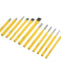 Pro Grade Punch And Chisel Set With Flat Chisel Pin Punch Center Punch And Drift Punch For Metalworking Auto Repair And Workshop Use Hardened Steel With Ergonomic Grip displayed horizontally.