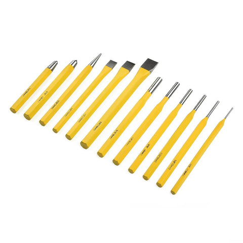 Pro Grade Punch And Chisel Set With Flat Chisel Pin Punch Center Punch And Drift Punch For Metalworking Auto Repair And Workshop Use Hardened Steel With Ergonomic Grip displayed horizontally.