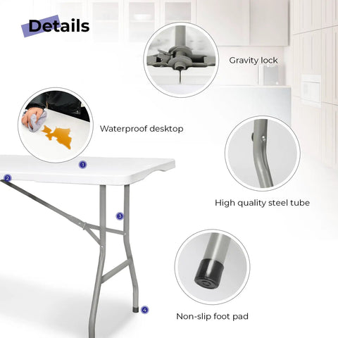 6 Foot Folding Table Portable Beefy Heavy Duty Plastic Fold In Half Utility Table For Indoor Outdoor Use Perfect For Camping Picnics Parties And Event Setups White showing waterproof desktop, gravity lock, and steel legs with non-slip foot pad.