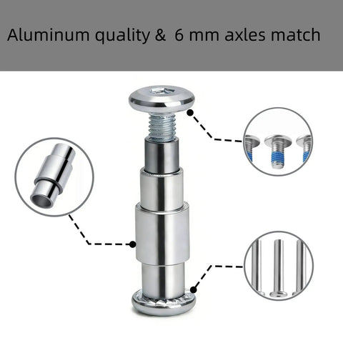 Pro Inline Skate Repair Kit 30 Piece Set with 6mm aluminum axles, stepped bearing spacers, and screws, shown assembled.