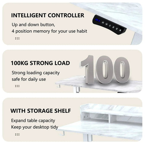 Ditch The Slump With This Electric Standing Desk Adjustable Height Platform Featuring Smart Led Controls Four Memory Presets And Child Safe Lock, showing intelligent controller and 100kg strong load.