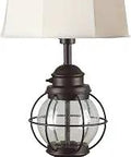 Outdoor Table Lamp With Gilded Copper And Seeded Glass Finish, Classic Style, 31 Inch Tall, 16 Inch Shade Diameter, Beefy Weatherproof Build