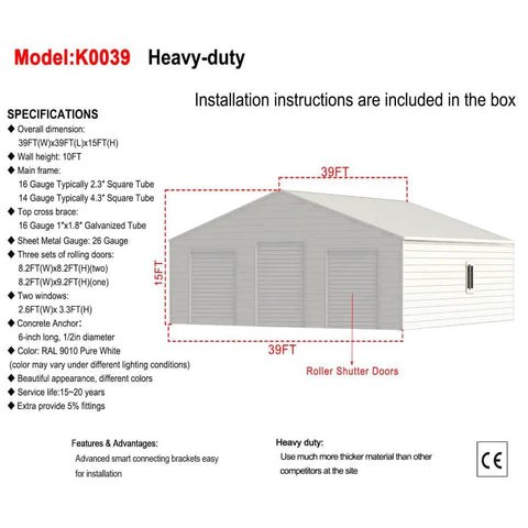 Heavy Duty Steel Barn Garage With Roll Top Metal Doors For Trucks Tractors Rvs Atvs And Workhorses Storage Shelter, 39FT x 39FT x 15FT, 26 Gauge Steel.